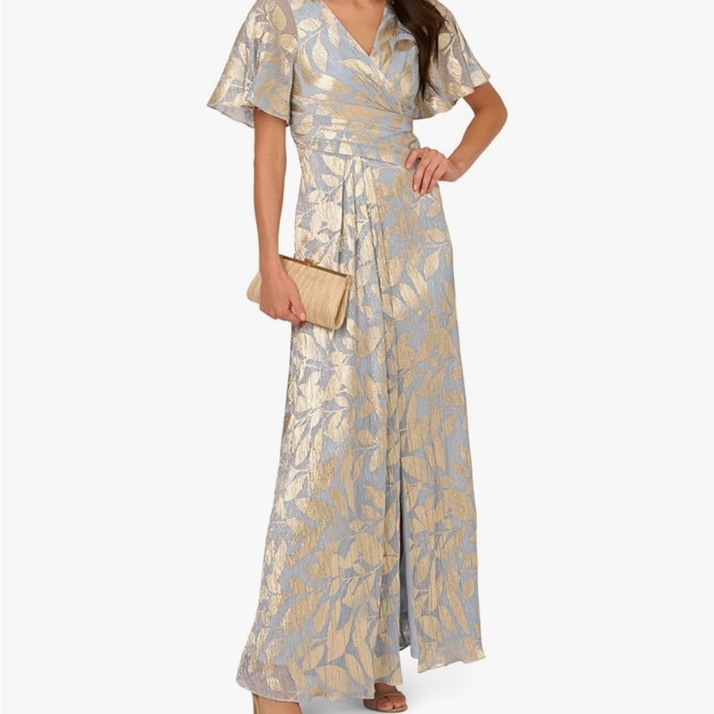 Adrianna Papell Gold and Silver Leaf Maxi Dress